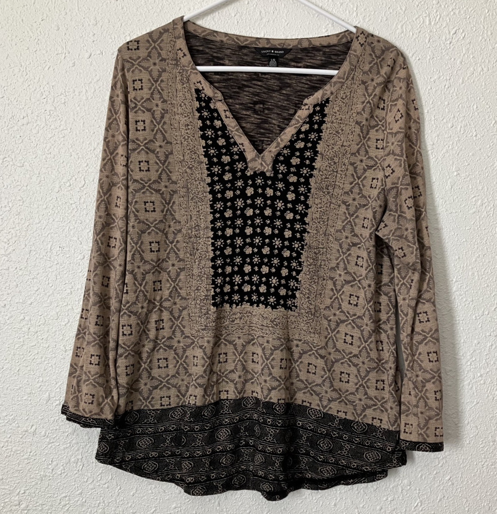 Lucky Brand Mixed Print Top Womens L Brown Black Boho Tunic Long Sleeve